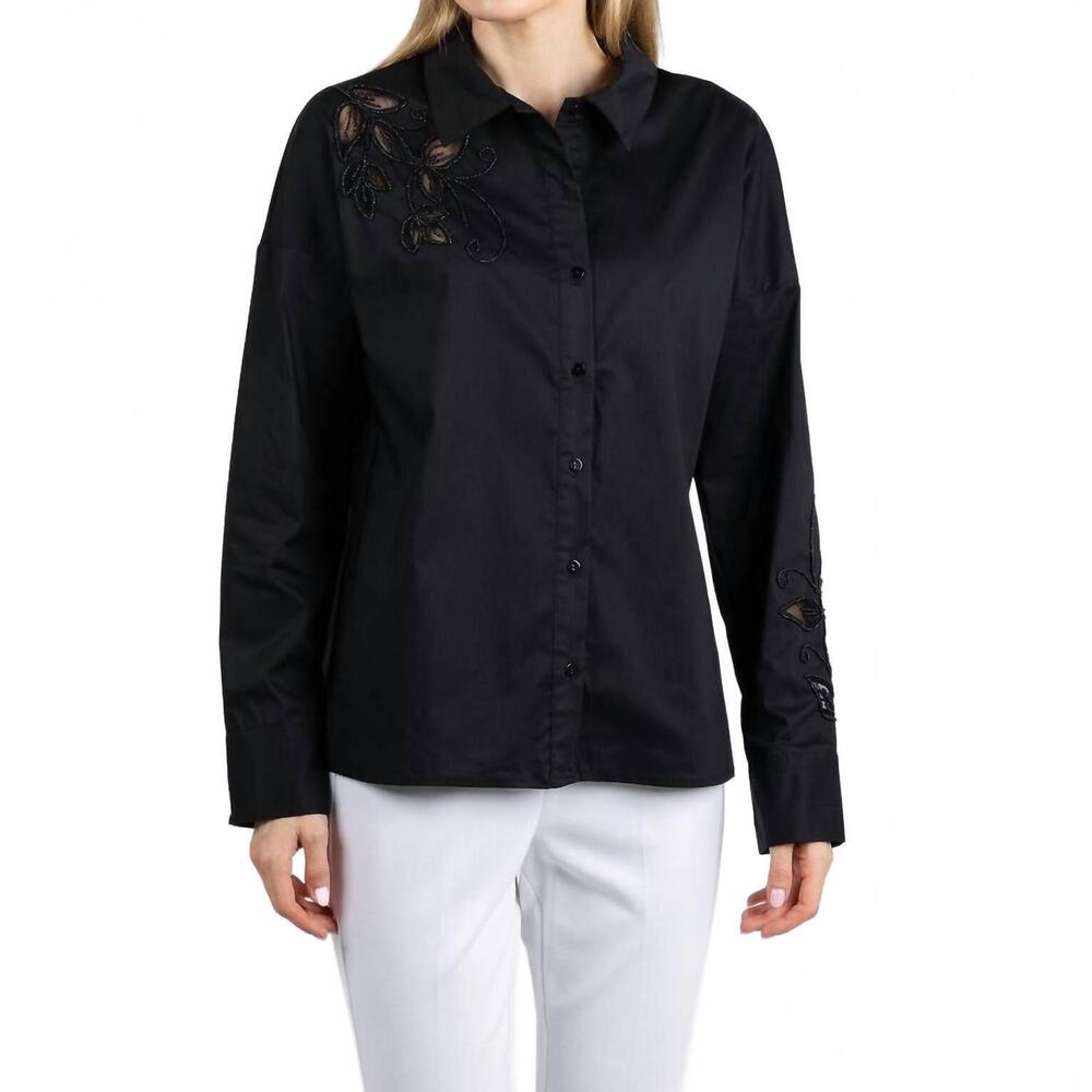 NEW LEO & UGO beaded flower button down shirt in black